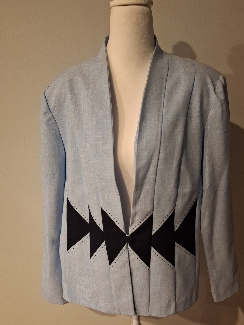 Light Blue Ladies Open Front Jacket with Black Geometric Waist Detail